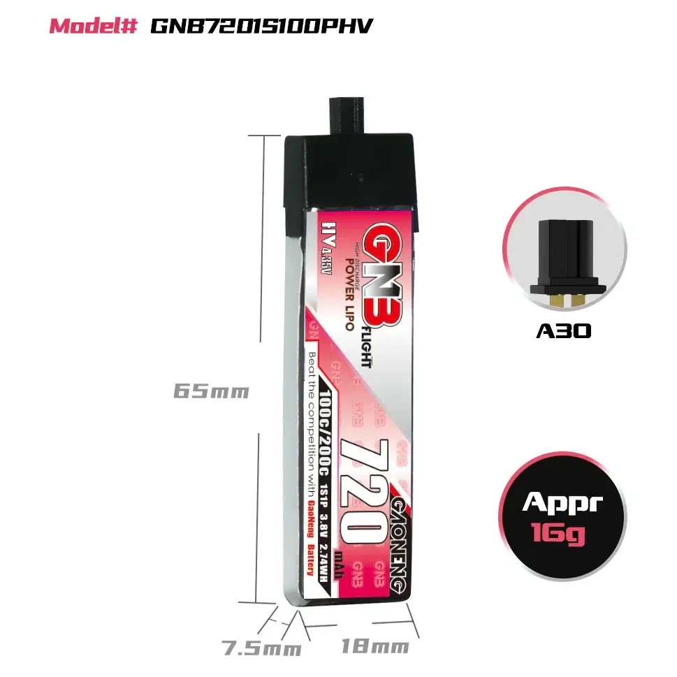 Gaoneng GNB 1S 720mAh 100C 3.8V LiHV Battery (A30 Plastic Head)