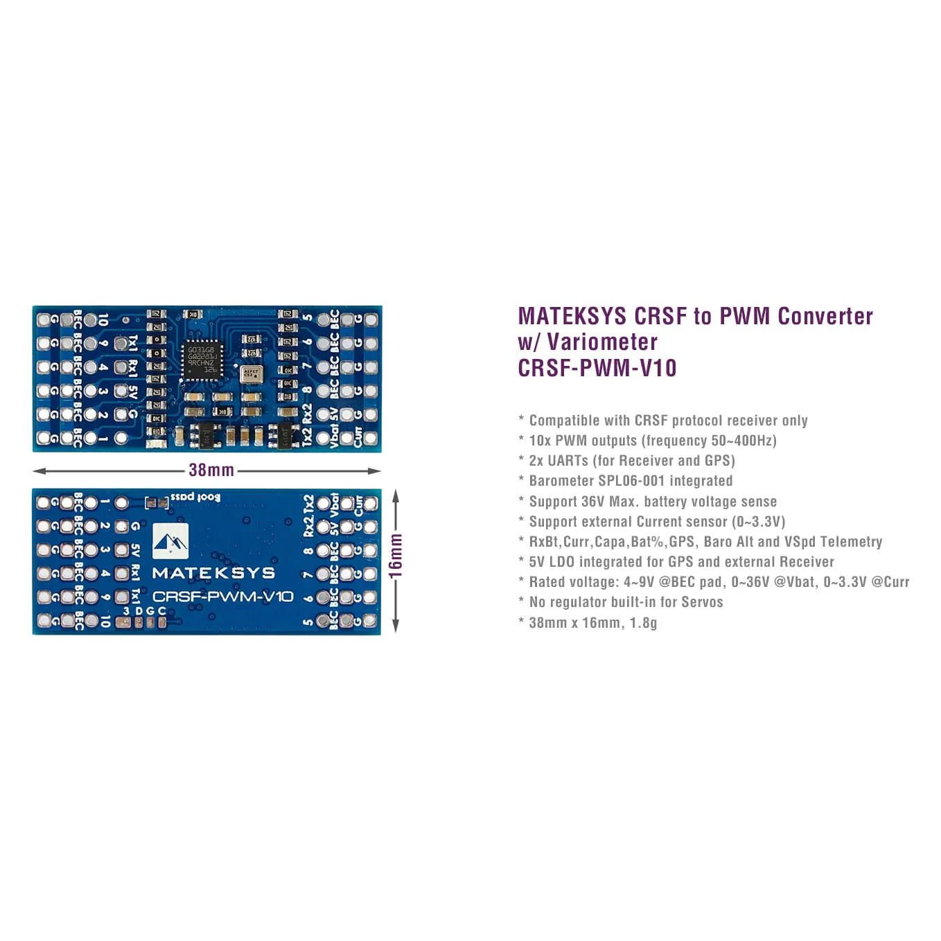 MATEKSYS CRSF-PWM Converter with Variometer CRSF-PWM-V10