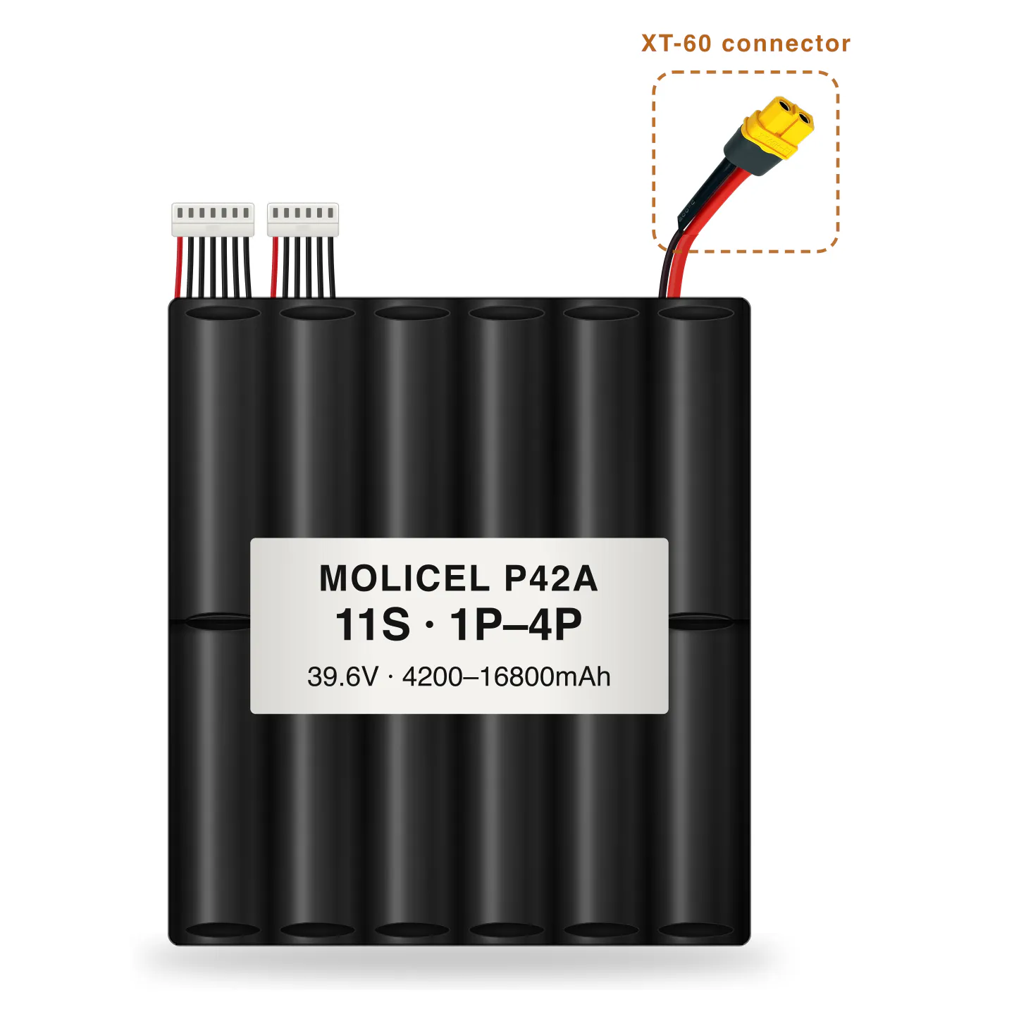 Molicel P42A 11S 1P–4P 4200–16800mAh Li-ion battery pack with XT-60 connector