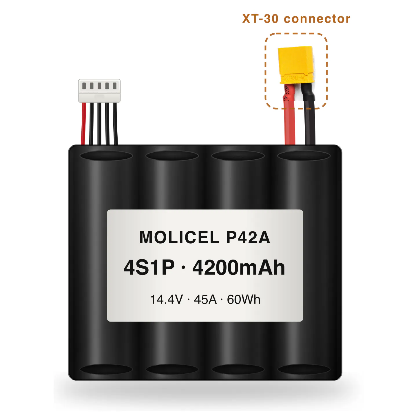 Molicel P42A 4S1P 4200mAh Li-ion battery pack with XT-30 connector