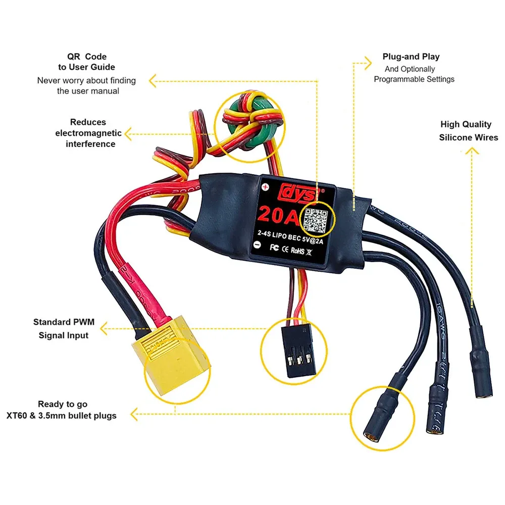 DYS 20A 2-4S Brushless ESC with 5V/2A BEC, XT60 & 3.5mm Bullets