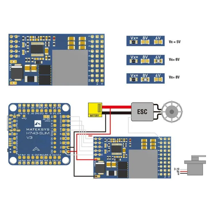 Matek Servo PDB with 12A BEC (9–55V to 5/6/8V, 12S)