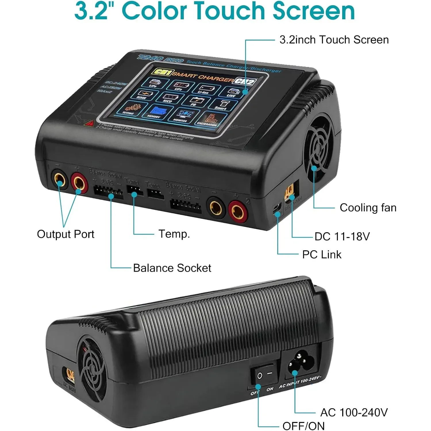 HTRC T240 Duo AC/DC Balance Charger (150W/240W, 10A)