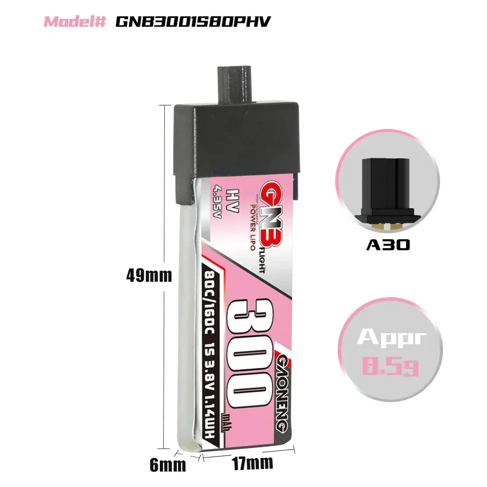 GAONENG GNB LiHV 300mAh 1S 3.8V 80C A30 Battery