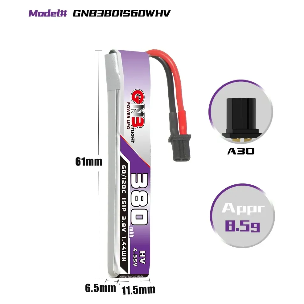 GAONENG GNB LiHV 1S 3.8V 380mAh 60C Whoop Battery