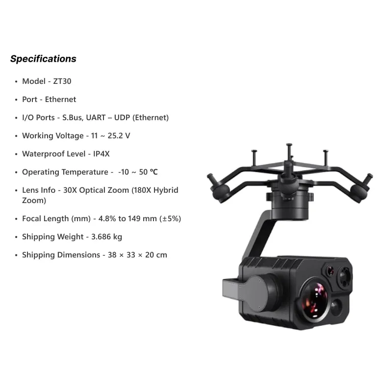 SIYI ZT30 4K 8MP 30X Optical 180X Hybrid Zoom Gimbal Camera