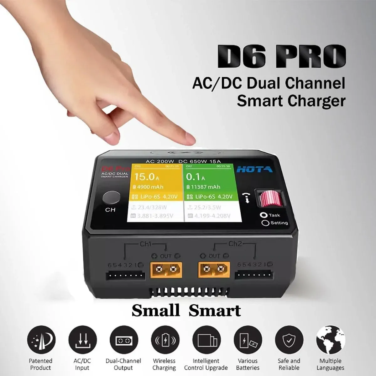 HOTA D6 Pro 325W Dual AC/DC Smart Charger — Color: Black