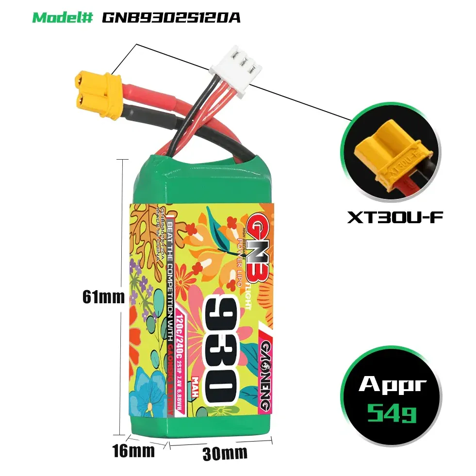 GAONENG GNB 930mAh 2S 7.4V 120C XT30 LiPo Battery
