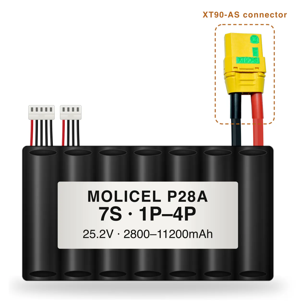 Molicel P28A 7S 1P–4P 2800–11200mAh Li-ion battery pack with XT90-AS connector