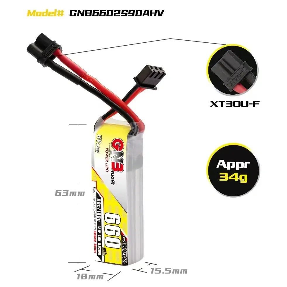 GAONENG GNB 660mAh 2S 7.6V 90C XT30 LiHV Battery Long