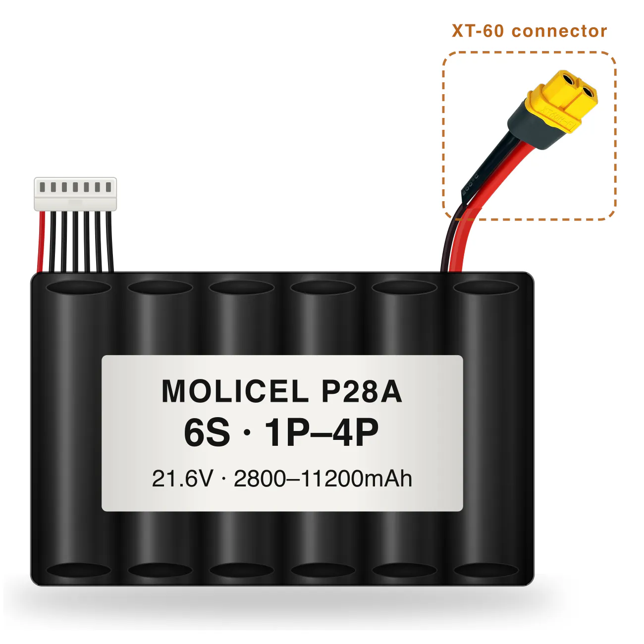 Molicel P28A 6S 1P–4P 2800–11200mAh Li-ion battery pack with XT-60 connector